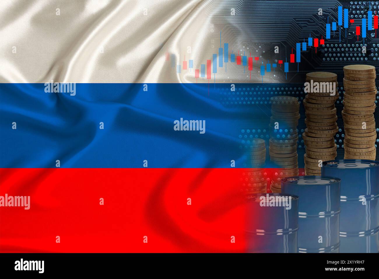 Bandiera nazionale della Russia sulla seta, barili di petrolio, monete metalliche, concetto di negoziazione di futures petroliferi, crescita dell'indice DBO in borsa, commercio mondiale mondiale, Foto Stock