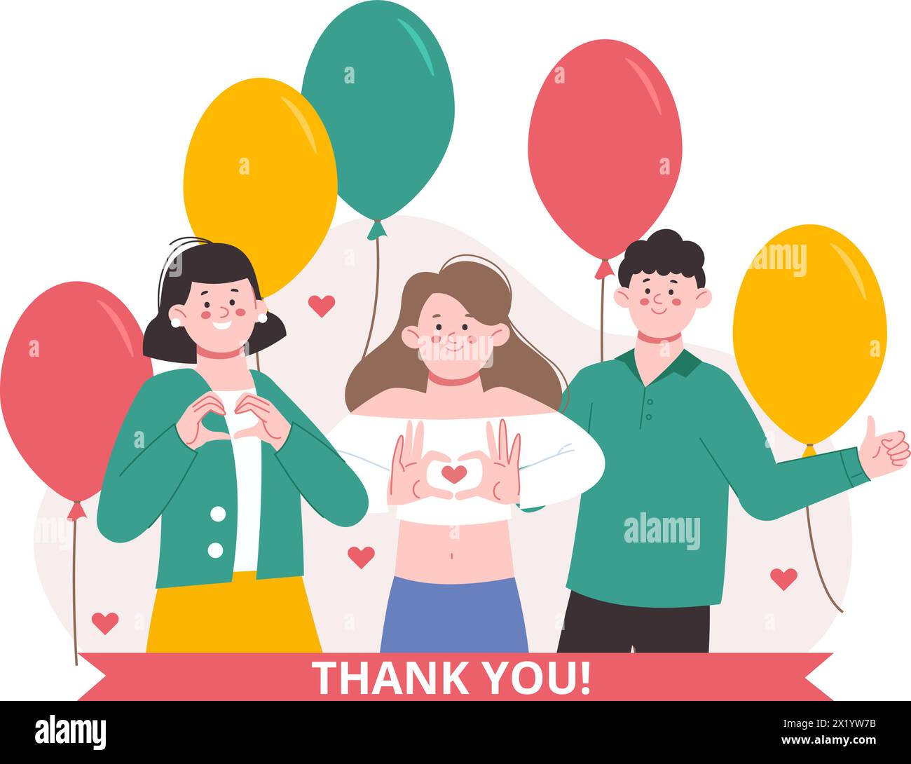 Grazie. Felici giovani adulti che ringraziano. Personaggi dei cartoni animati e gratitudine, palloncini, cuori e nastri, scena vettoriale Illustrazione Vettoriale