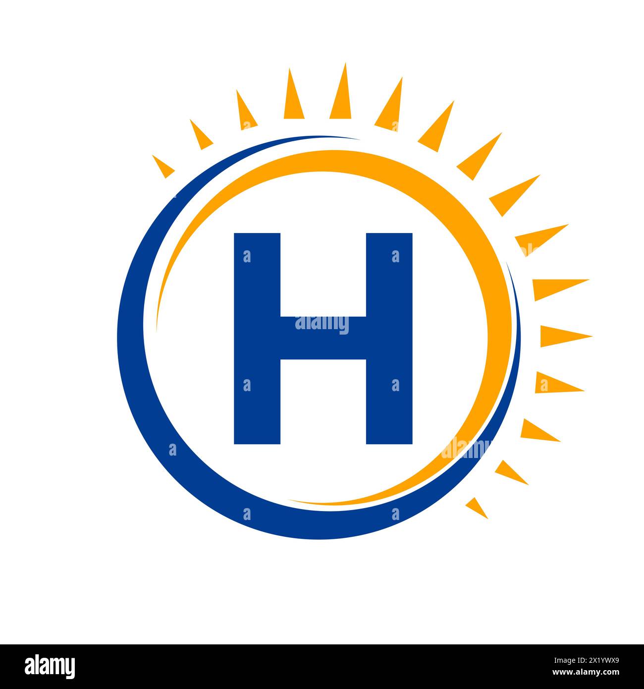 Logo Solar sulla lettera H Concept con icona Sun. Simbolo del sistema solare Illustrazione Vettoriale