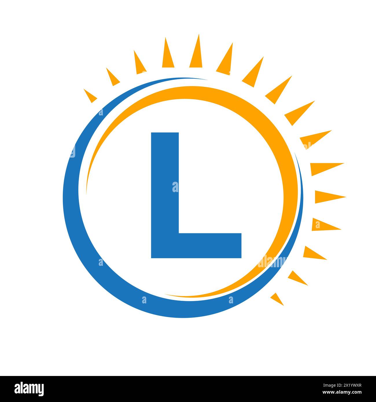 Logo Solar sulla lettera L Concept con icona Sun. Simbolo del sistema solare Illustrazione Vettoriale