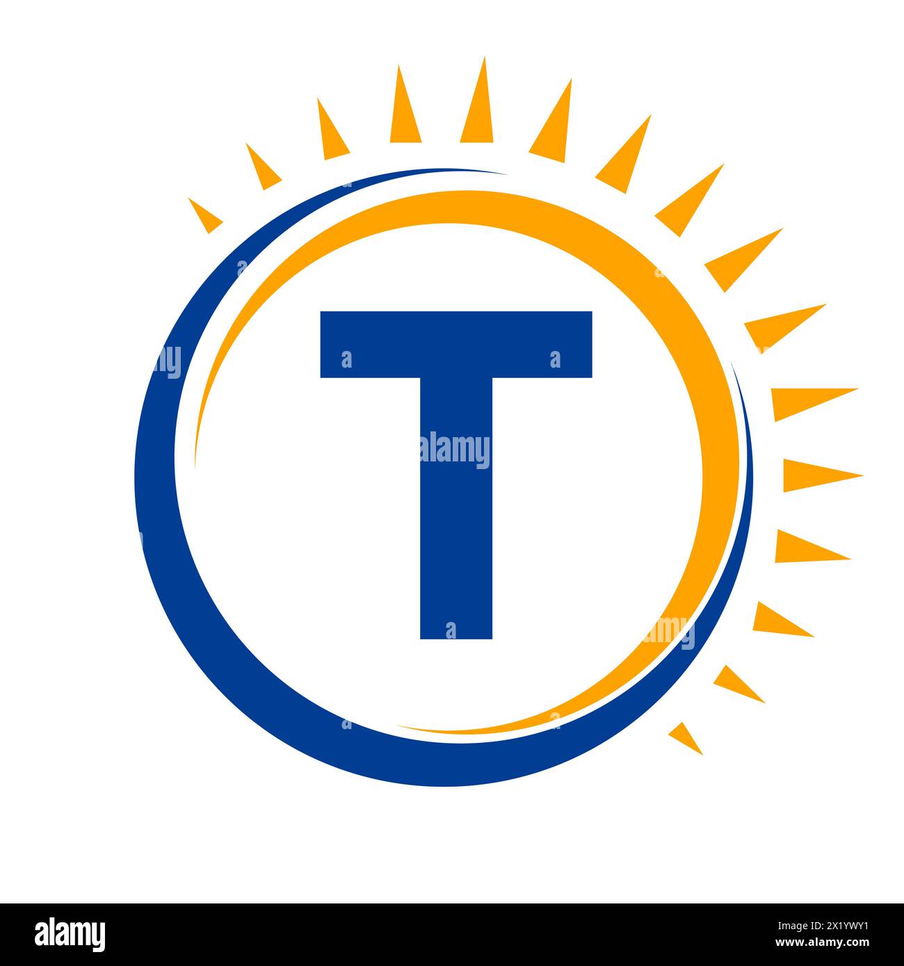 Logo Solar sulla lettera T Concept con icona Sun. Simbolo del sistema solare Illustrazione Vettoriale