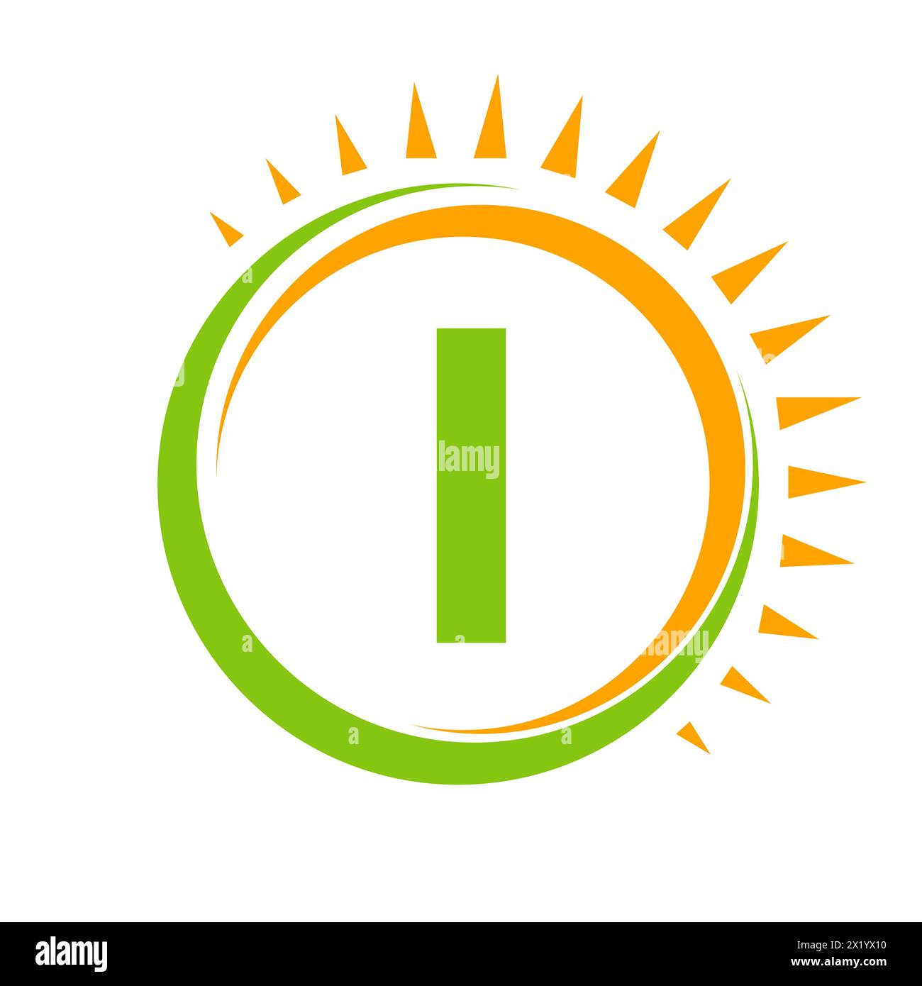 Logo Solar sulla lettera i Concept con icona Sun. Simbolo del sistema solare Illustrazione Vettoriale