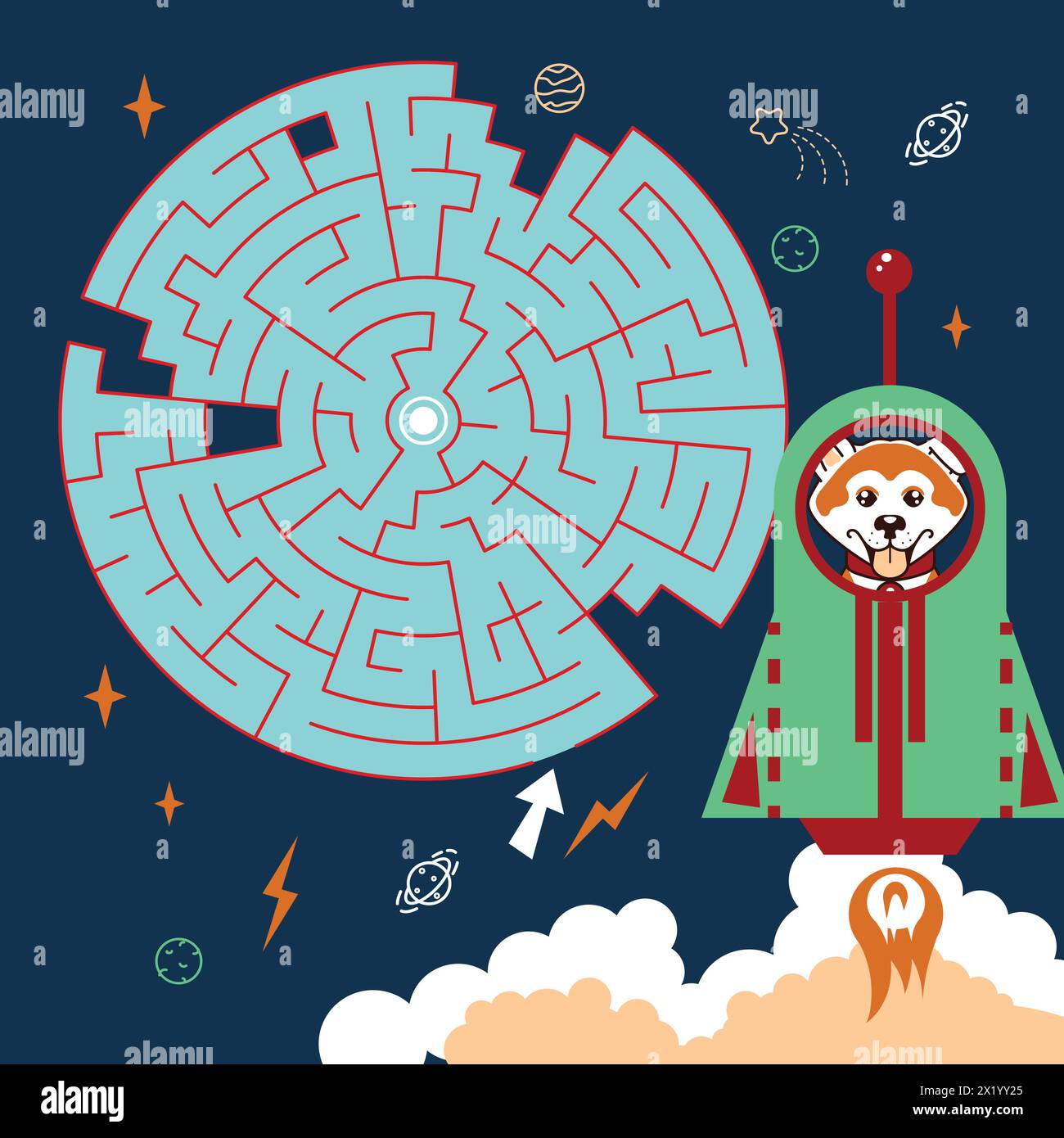 Illustrazione vettoriale Labyrinth Cosmic gioco labirinto. Puzzle colorato per bambini Illustrazione Vettoriale