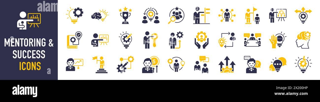 Set di icone di mentoring e successo. concetto con icona di obiettivi, coaching, guida, formazione, motivazione, conoscenza, supporto e altro ancora. Icone vettoriali. Illustrazione Vettoriale