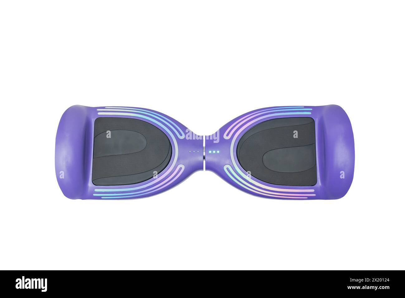 Hoverboard isolato colore strisce di luce viola su sfondo bianco nessuno vista frontale Foto Stock
