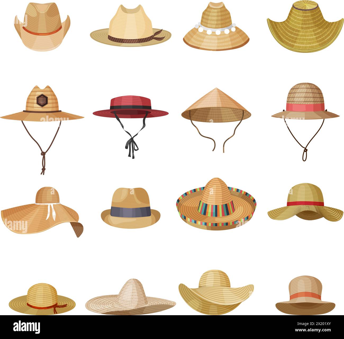 Copricapo. panamas maschili e femminili da sole cowboy e contadino cappello vettoriale di vari stili Illustrazione Vettoriale