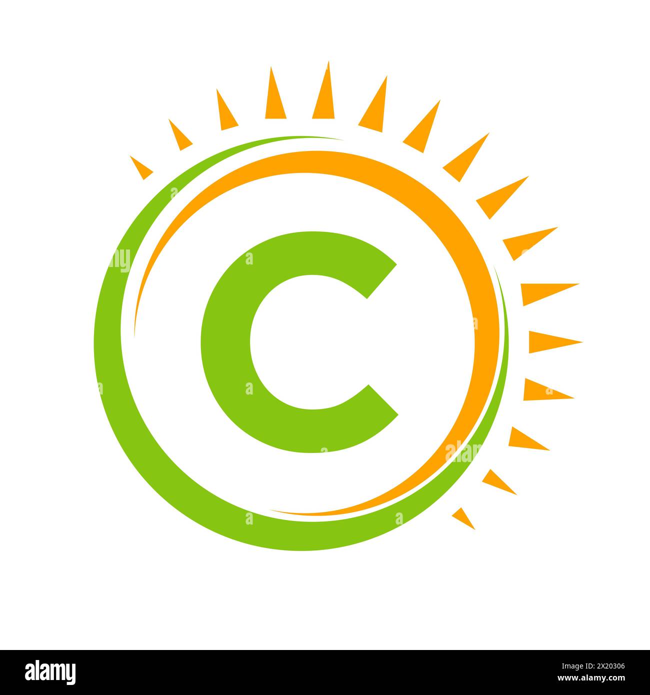 Logo Solar sulla lettera C Concept con icona Sun. Simbolo del sistema solare Illustrazione Vettoriale