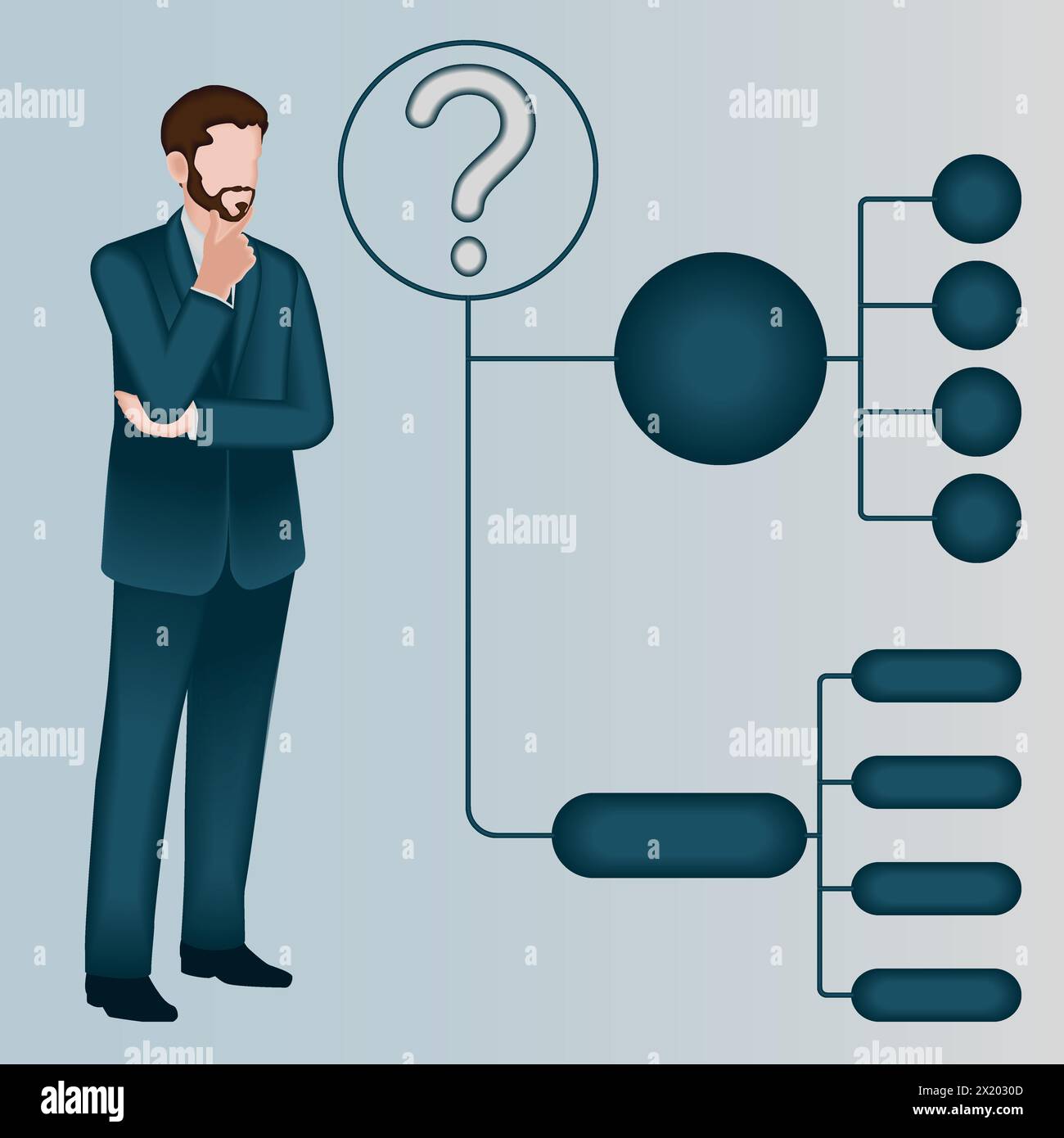 Un uomo utilizza un diagramma ad albero decisionale per identificare un problema o un'opportunità nel processo decisionale. Concetto di business. Illustrazione vettoriale 2D. Illustrazione Vettoriale