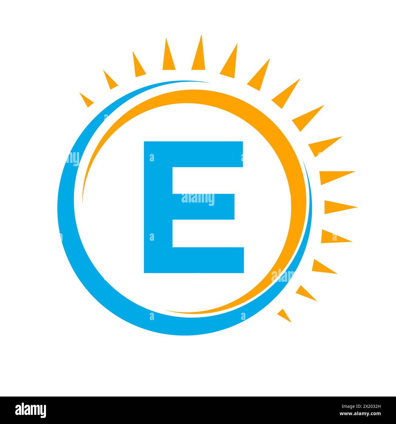 Logo Solar sulla lettera e Concept con icona Sun. Simbolo del sistema solare Illustrazione Vettoriale
