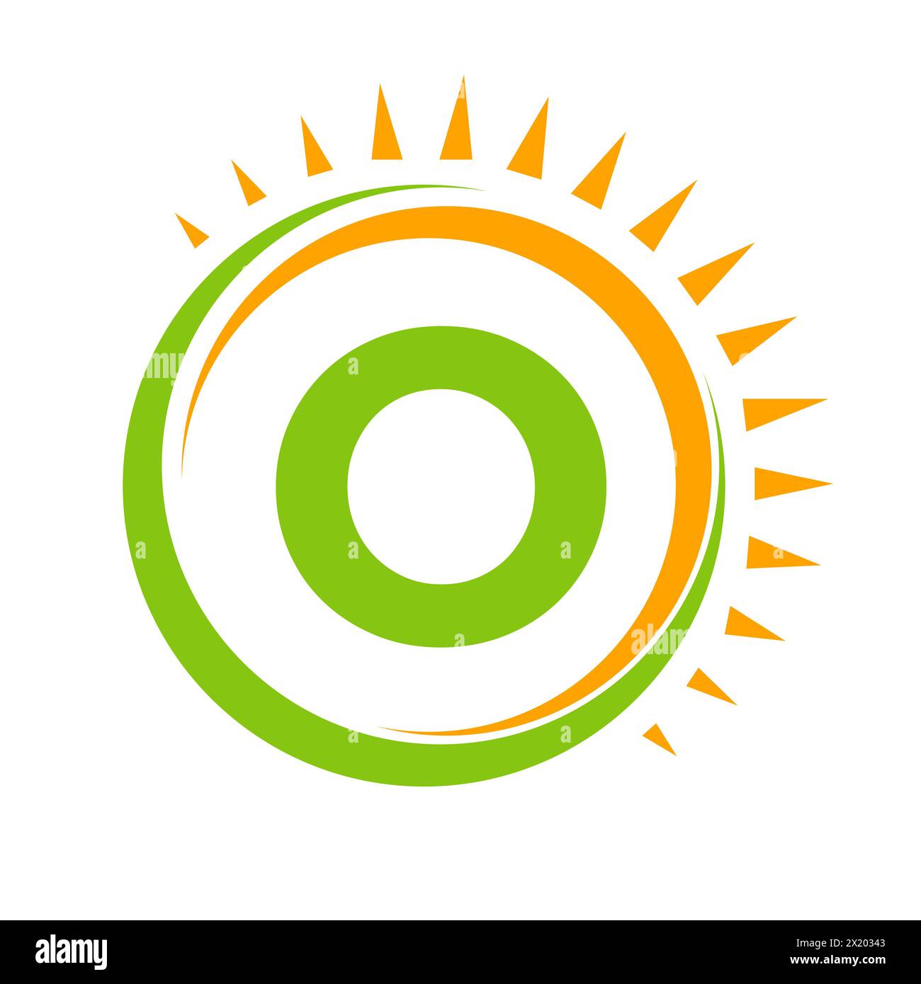 Logo Solar sulla lettera o Concept con icona Sun. Simbolo del sistema solare Illustrazione Vettoriale