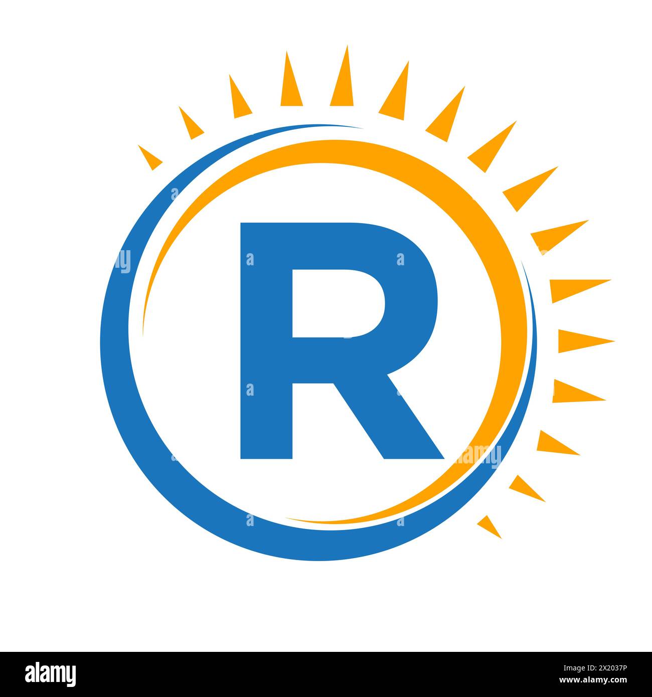 Logo Solar sulla lettera R Concept con icona Sun. Simbolo del sistema solare Illustrazione Vettoriale