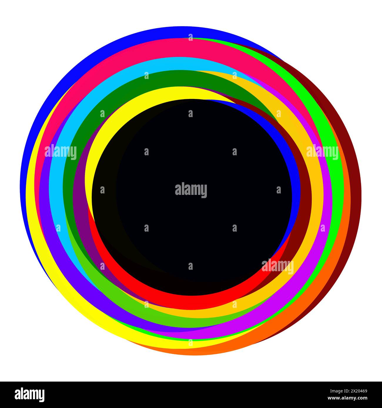 il cerchio nero è circondato da cerchi luminosi a forma di anello. logo creativo per le arti visive Illustrazione Vettoriale