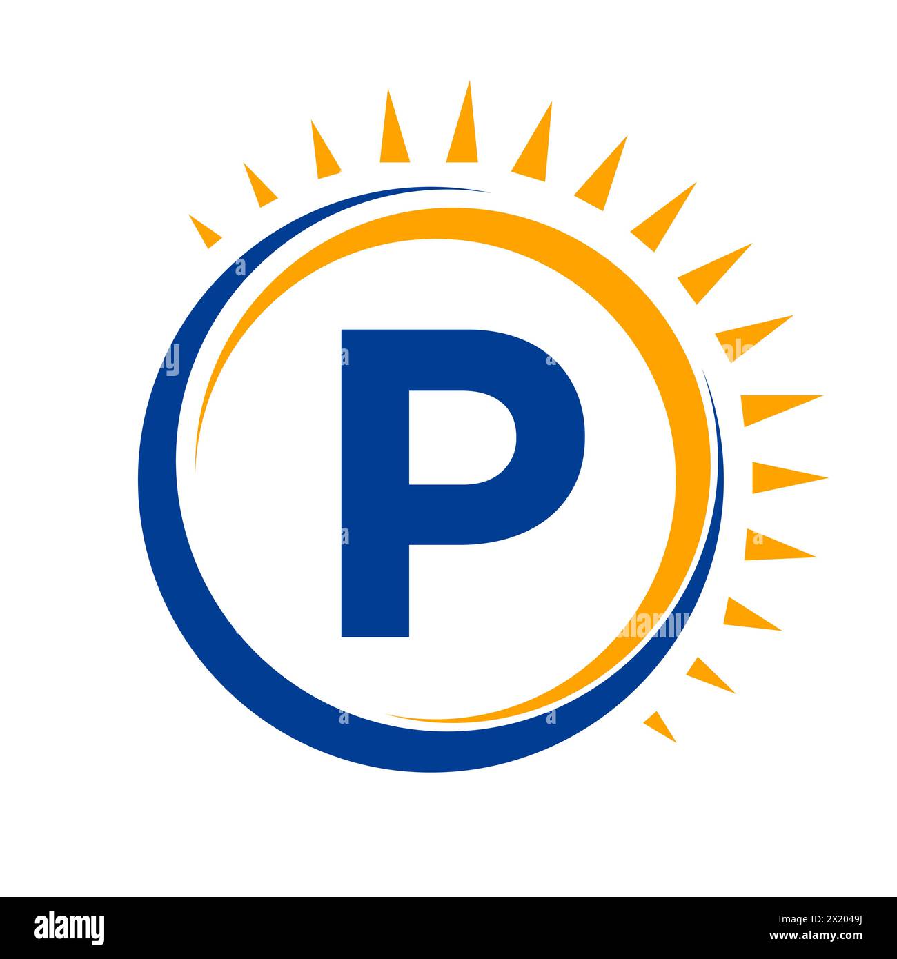 Logo Solar sulla lettera P Concept con icona Sun. Simbolo del sistema solare Illustrazione Vettoriale