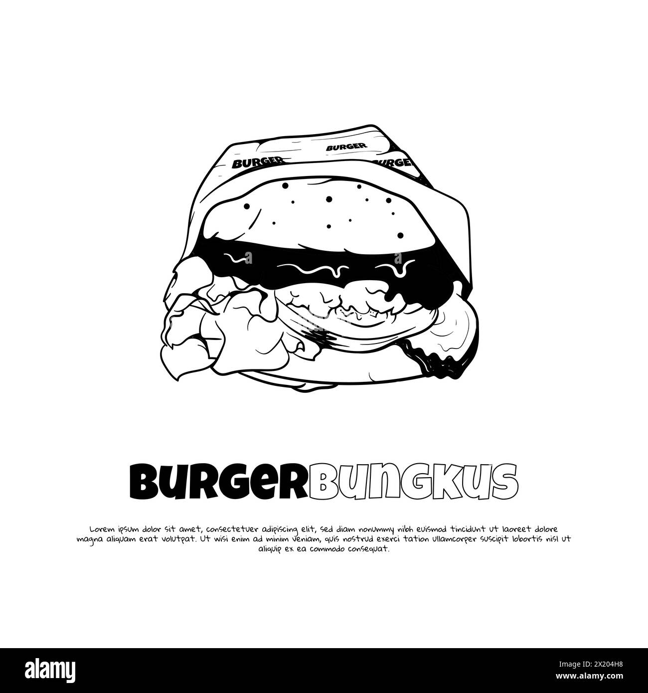 Hamburger avvolto con involucro bianco in design disegnato a mano per il modello del negozio di hamburger Illustrazione Vettoriale
