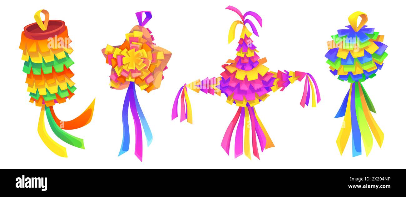 Tradizionale pinata di carta messicana per la festa di compleanno e la celebrazione del cinco de mayo. Set di illustrazioni vettoriali cartoni animati di mache di carta colorata e luminosa, i bambini giocano a decorare con caramelle all'interno. Illustrazione Vettoriale