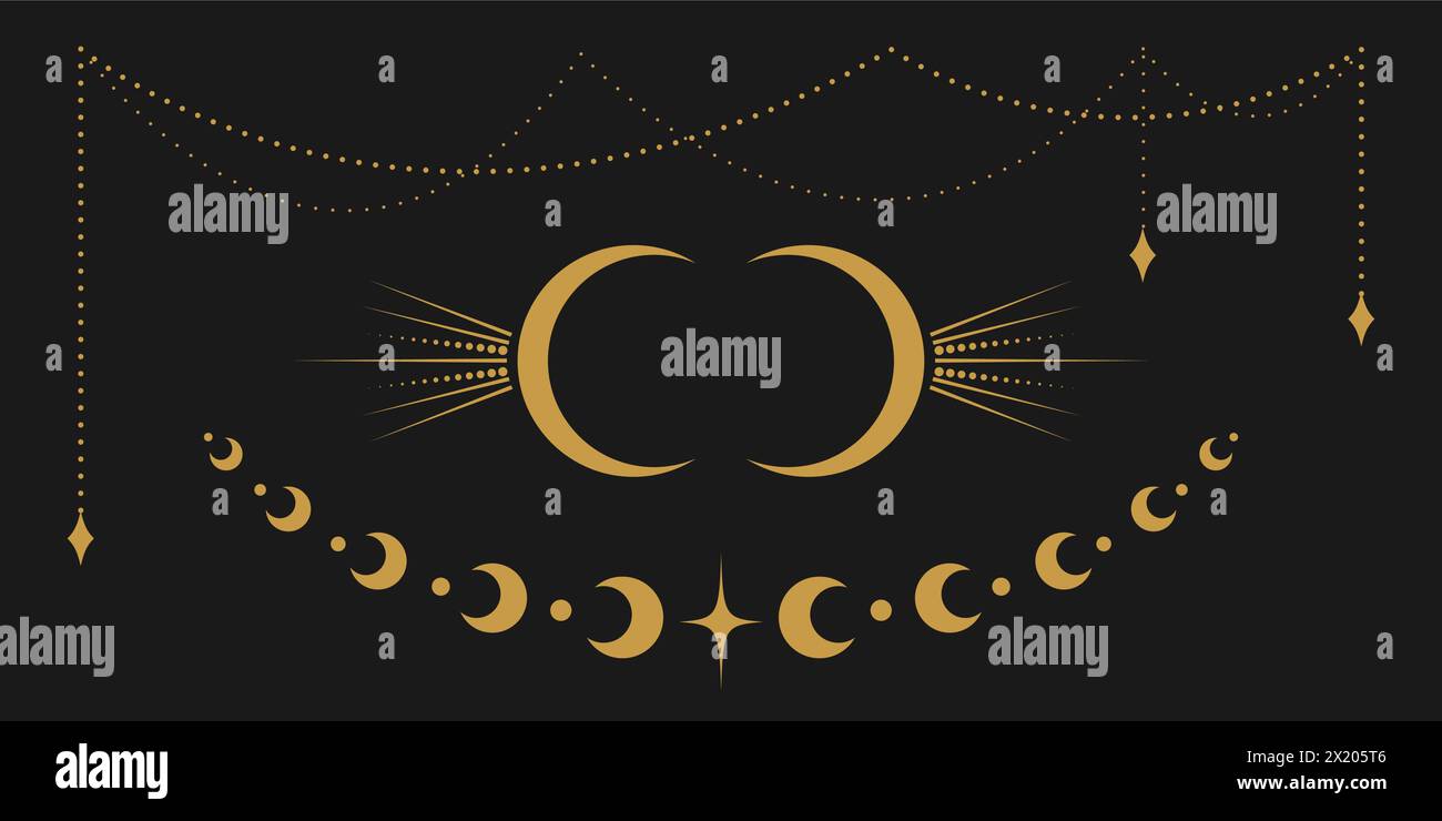 Bordo dorato vettoriale celeste con stelle, fasi lunari, mezzalune e punti. Collezione di splendenti e magici clipart isolati per un'esperienza mistica Illustrazione Vettoriale Bordo dorato vettoriale celeste con stelle, fasi lunari, mezzalune e punti. Collezione di splendenti e magici clipart isolati per un'esperienza mistica Illustrazione Vettoriale