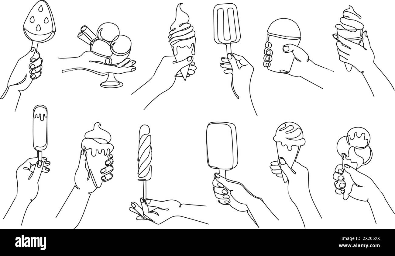 Mano con gelato. Set di illustrazioni vettoriali a una linea continua con coni, papaveri e sundaes gelati con percorsi di traccia modificabili. Dess Illustrazione Vettoriale