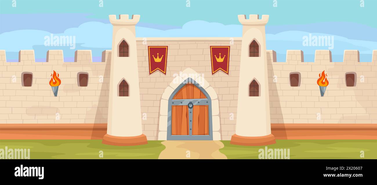 Porta della fortezza medievale del regno. Maestoso castello medievale con mura in pietra, roccaforte reale cartoni animati, sfondo vettoriale raffigurante la fortezza del castello Illustrazione Vettoriale