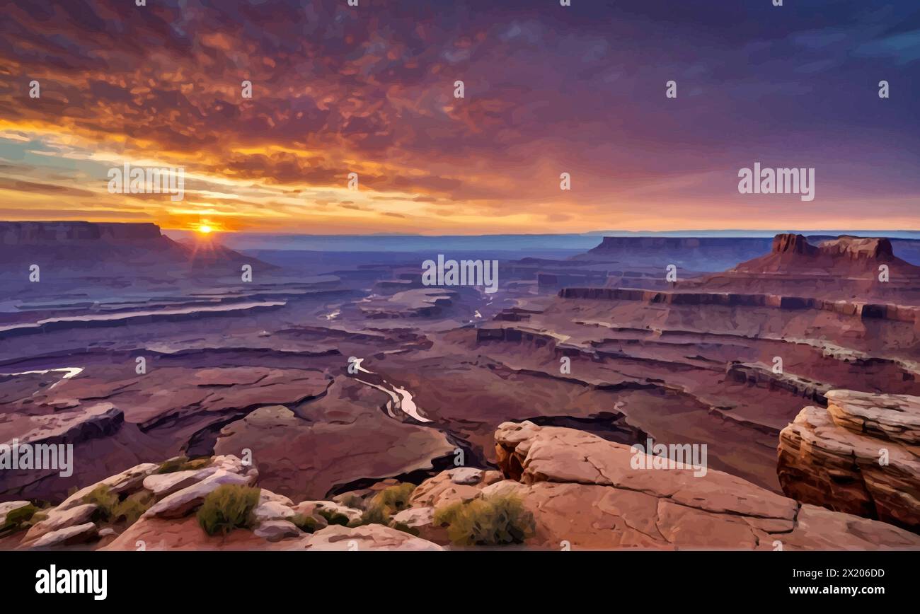 Grand View Point al crepuscolo, Canyonlands National Park, Utah. Illustrazione Vettoriale