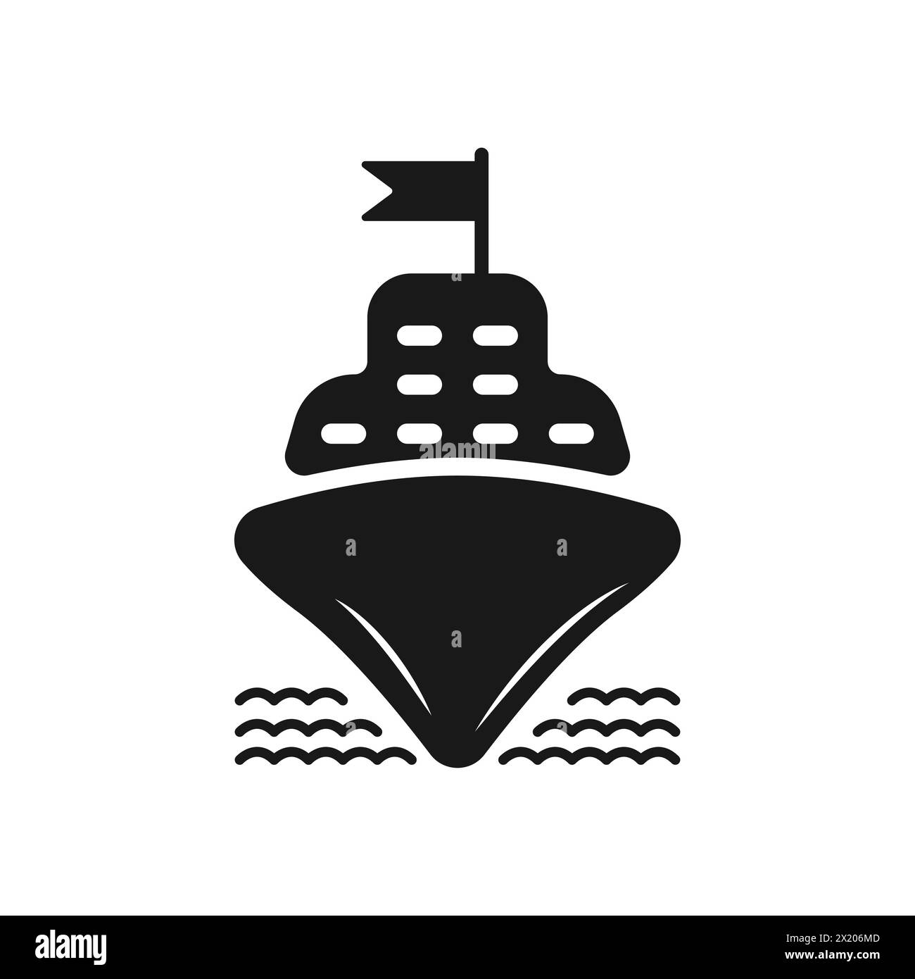 Icona vettoriale anteriore della silhouette della camicia. Veicolo nautico per passeggeri. Icona nera della nave da trasporto galleggiante. Illustrazione Vettoriale