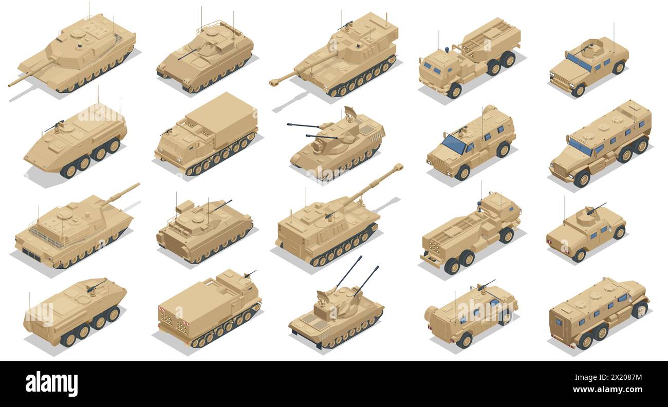Set veicolo blindato isometrico. Veicolo da combattimento della fanteria. Illustrazione Vettoriale