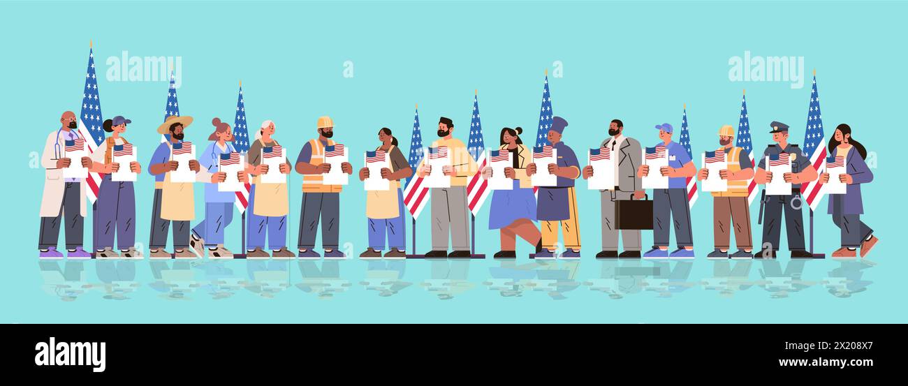 concetto del giorno delle elezioni diverse professioni gli elettori che organizzano le votazioni al luogo delle votazioni durante le votazioni persone che tengono le schede cartacee in orizzontale Illustrazione Vettoriale