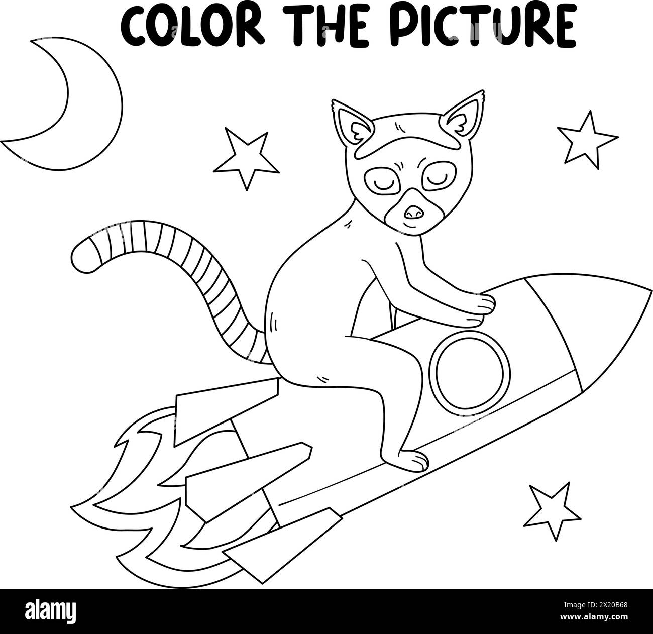 Pagina del libro da colorare per bambini. Lemur su una nave missilistica isolata su sfondo bianco. Illustrazione vettoriale in stile linea doodle Illustrazione Vettoriale