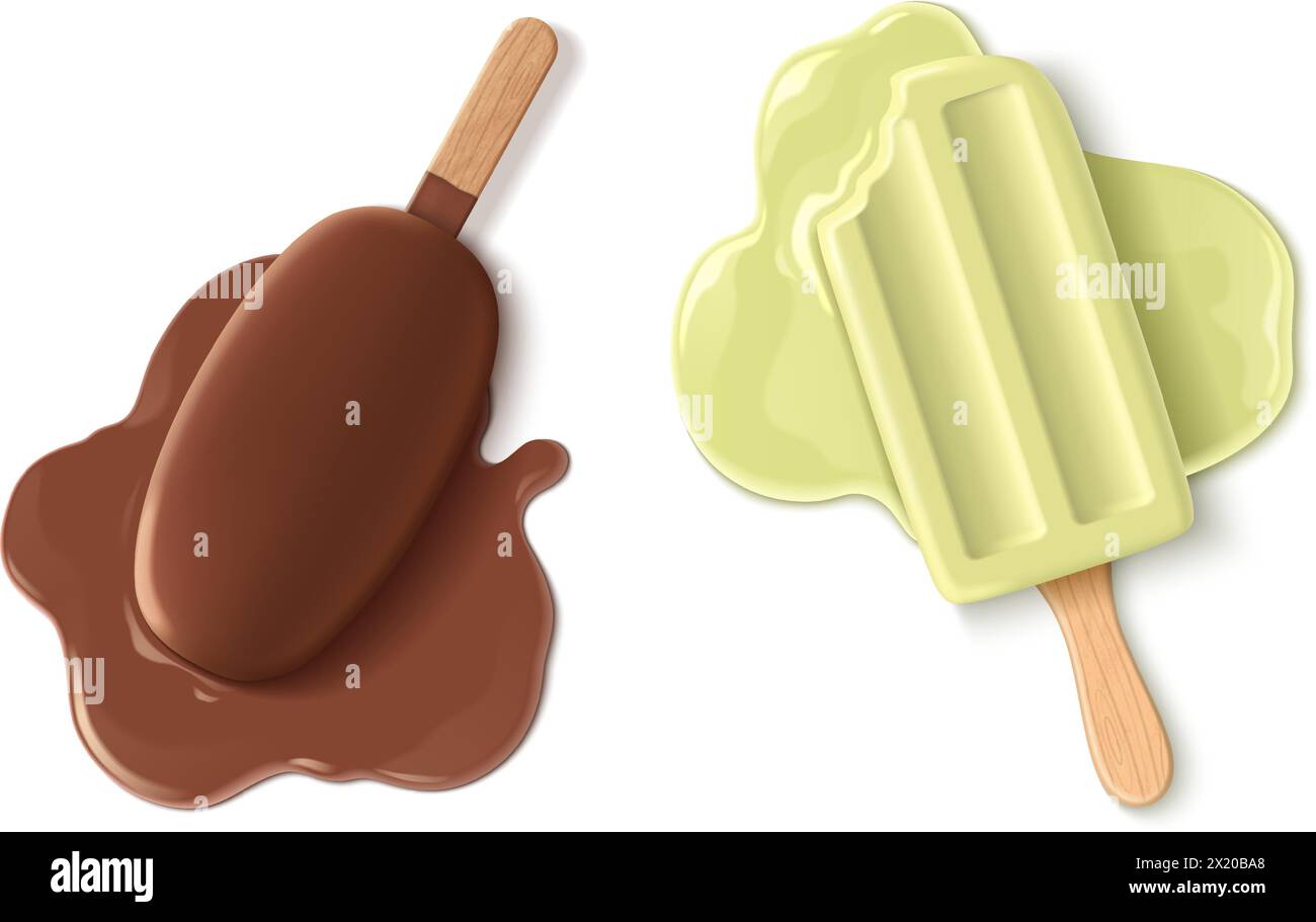 Gelato fuso isolato su sfondo bianco. Illustrazione vettoriale realistica di dessert al cioccolato e alla vaniglia su bastoncino di legno, dolce marionetta appiccicosa, menu del ristorante o elementi di design del negozio di alimentari Illustrazione Vettoriale