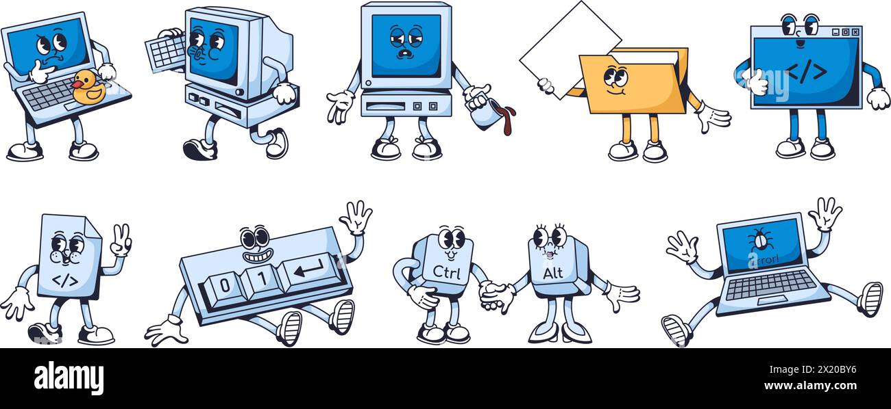 Mascotte in codice per computer. Caratteri di programmazione, file di codice e terminale, tastiera binaria, errore di bug, set di illustrazioni vettoriali per laptop e pc di mascot com Illustrazione Vettoriale