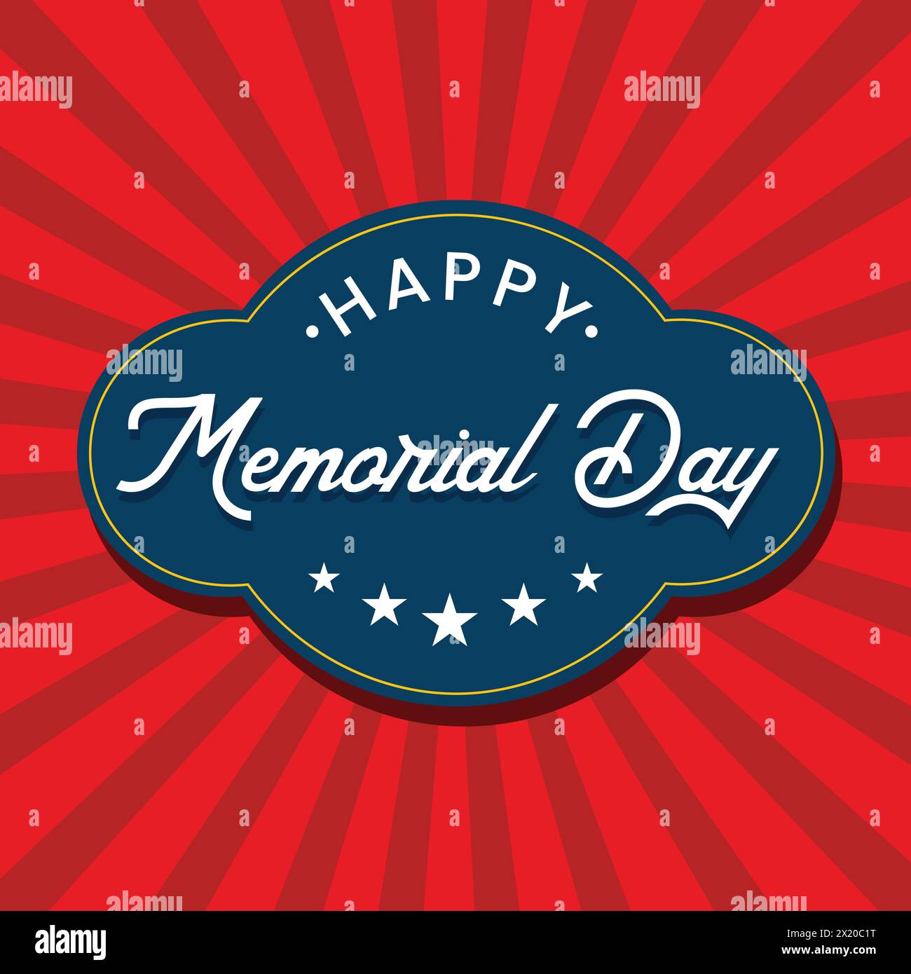 Adesivo per l'Happy Memorial Day. Illustrazione delle festività nazionali americane con bandiera USA di colore rosso e blu. Logo americano per le festività nazionali Illustrazione Vettoriale