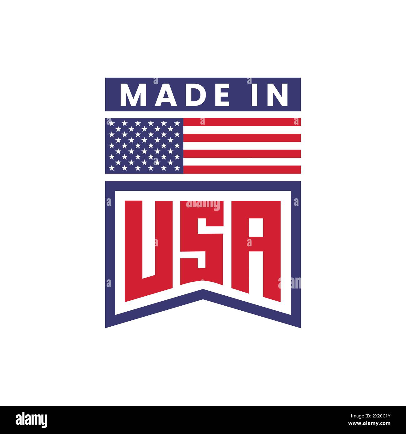 Design con logo Made in USA con illustrazione vettoriale della bandiera americana. Colore rosso e blu. Etichetta Made in USA, timbro, sigillo, etichetta, logo, adesivo, emblema, symbo Illustrazione Vettoriale