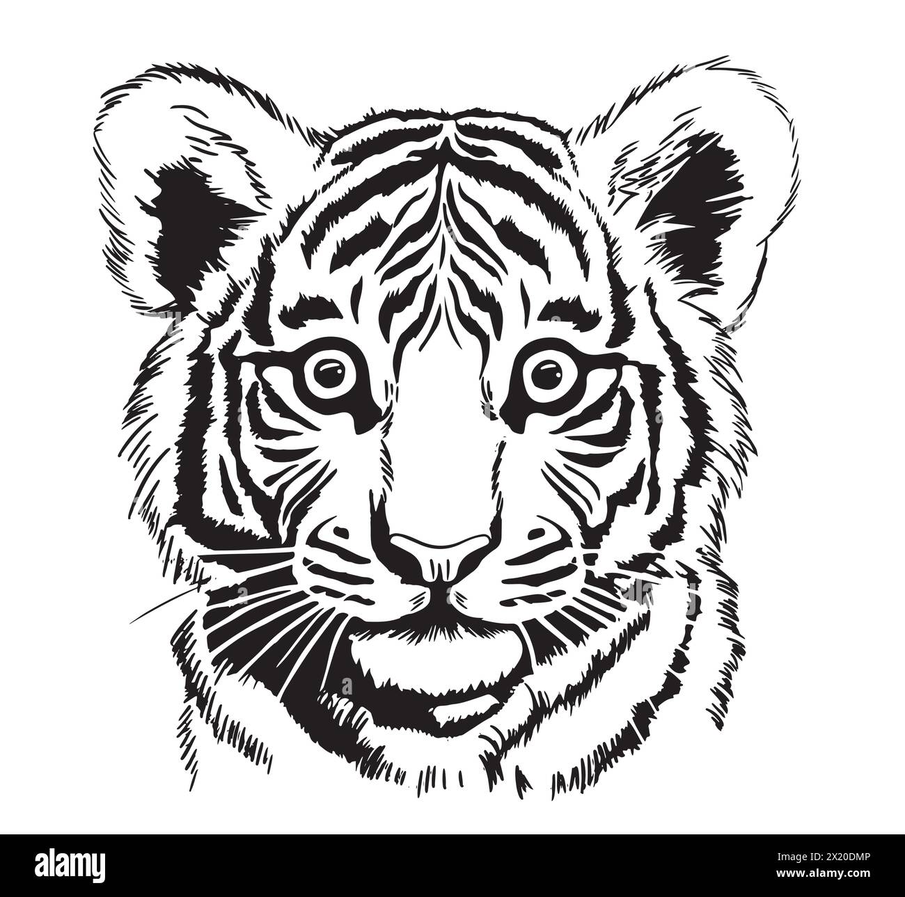 Uno splendido cucciolo di tigre disegnato in bianco e nero i dettagli intricati dei suoi capelli, baffi e occhi potenti sono catturati in questa splendida opera d'arte Illustrazione Vettoriale