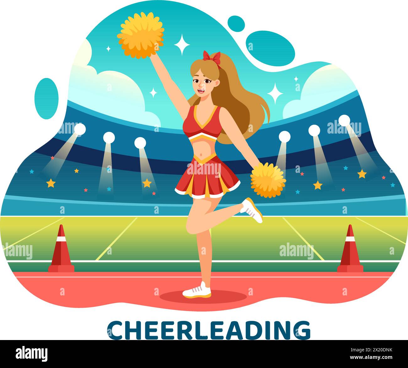 Cheerleader Girl Vector Illustration with Cheerleading Pom Poms of Dancing and Jumping to Support Team Sport durante la competizione su sfondo piatto Illustrazione Vettoriale