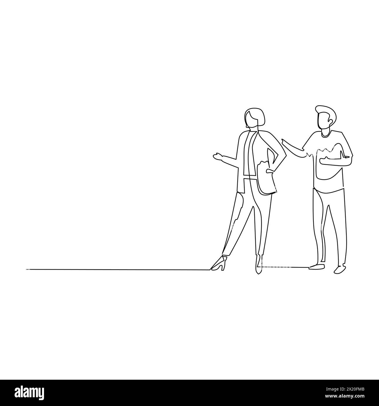 Uomo d'affari e donna d'affari che hanno una discussione d'affari. Comunicazione efficace nel concetto di business. Semplice illustrazione del disegno a linea continua Illustrazione Vettoriale