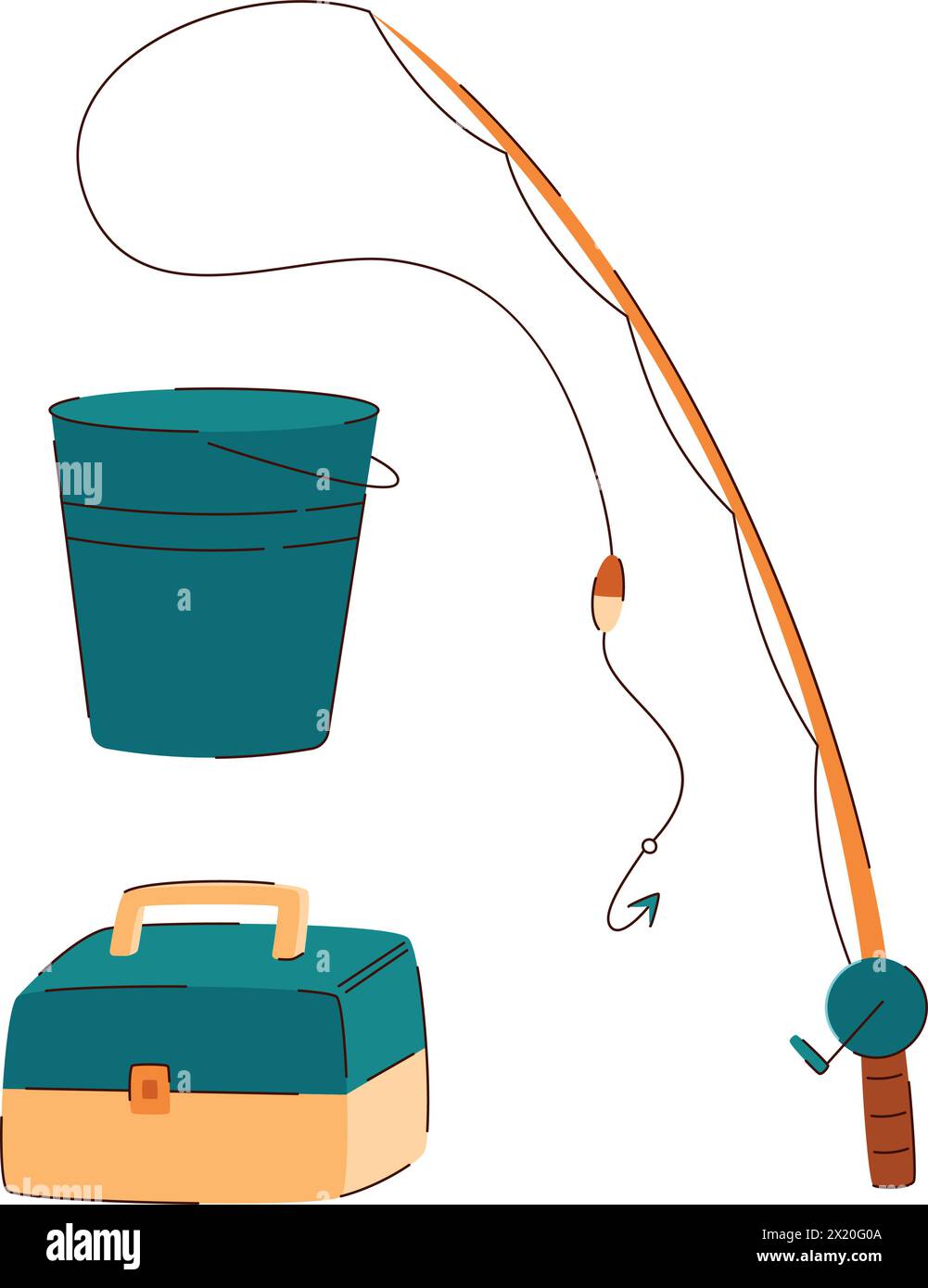 illustrazione di cartoni animati di canna da pesca, secchio e scatola per attrezzi da pesca Illustrazione Vettoriale
