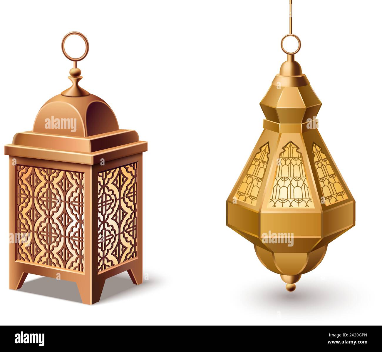 Tradizionale lanterna islamica con ornamento orientale per il Ramadan o Eid Mubarak congratulazioni. Set di illustrazioni vettoriali 3d realistiche con lampada in metallo musulmano dorato con motivo arabo appeso e in piedi. Illustrazione Vettoriale