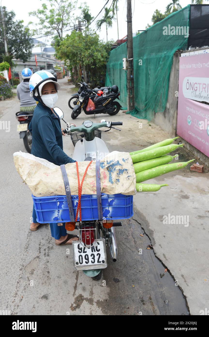 Una donna vietnamita che consegna un grande ravanello alle case di Bàn Thạch, Hoi An, Vietnam. Foto Stock