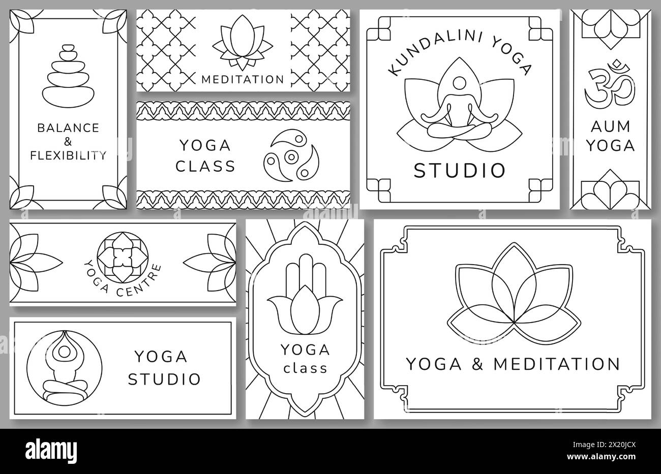 Modelli da studio yoga. Fiori di loto, meditazione e armonia bilanciano il layout del flyer e del banner con illustrazione vettoriale line art set di meditazione Illustrazione Vettoriale