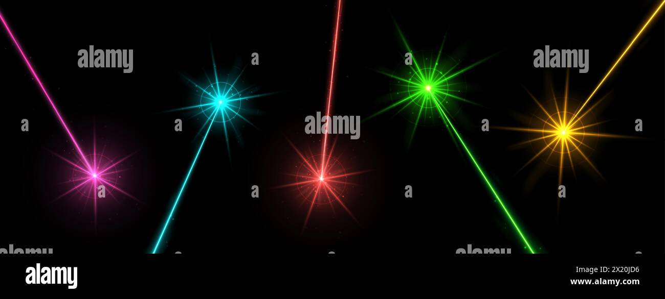 Laser brillanti, fasci laser multicolori isolati su nero. Illustrazione Vettoriale