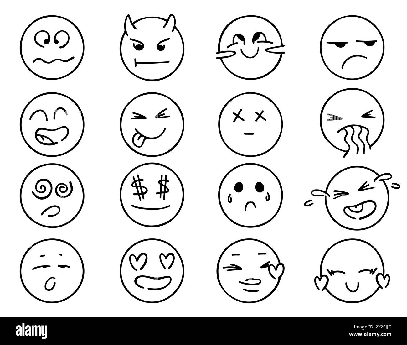 Set emoji emozionale Doodle. Un'emozione carina su uno sfondo bianco. Illustrazione vettoriale. Un pacchetto di diverse espressioni emoticon Illustrazione Vettoriale