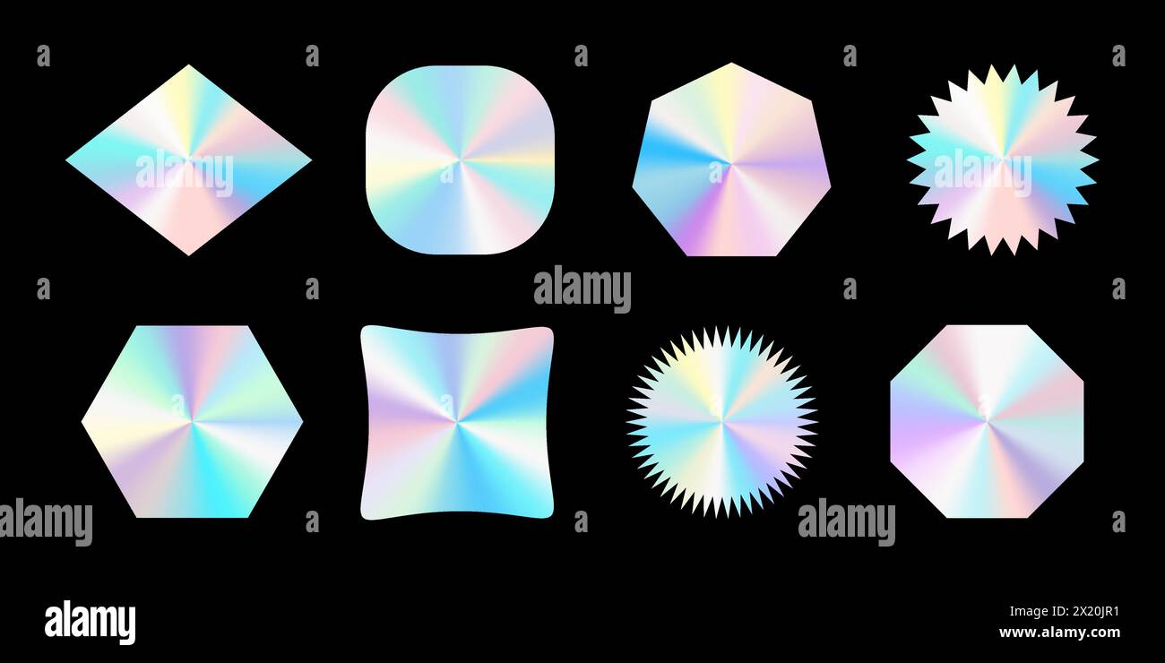 Set di ologrammi realistici di forme diverse. Sfumatura colore arcobaleno. vettore 3d isolato su sfondo nero. Illustrazione Vettoriale