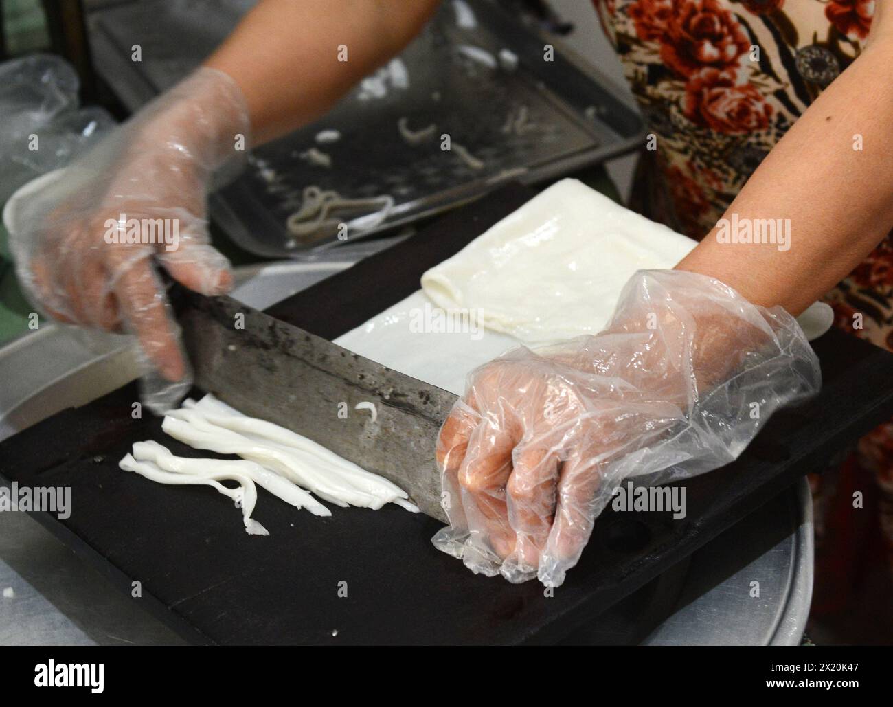 Tagliando i "pancake di riso" freschi in noodle con un coltello in una piccola azienda a conduzione familiare sull'isola di Cam Kim, Hoi An, Vietnam. Foto Stock