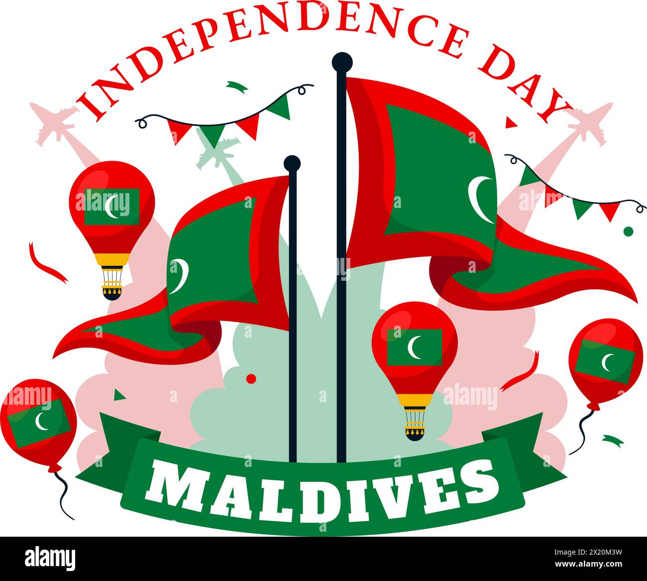 Illustrazione vettoriale del giorno dell'indipendenza delle Maldive il 26 luglio con bandiera ondulata maldiviana e nastro in Flat Cartoon background Design Illustrazione Vettoriale