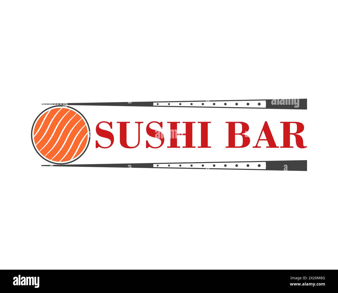 Logo del sushi bar. Illustrazione vettoriale con bacchette e sushi roll. Illustrazione Vettoriale