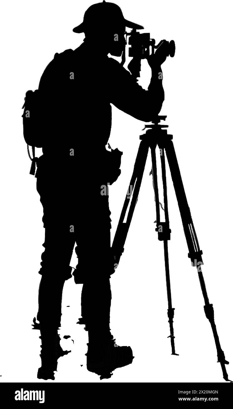 Illustrazione vettoriale di un fotografo e di montagne con silhouette nera su uno sfondo bianco pulito, che cattura forme graziose. Illustrazione Vettoriale