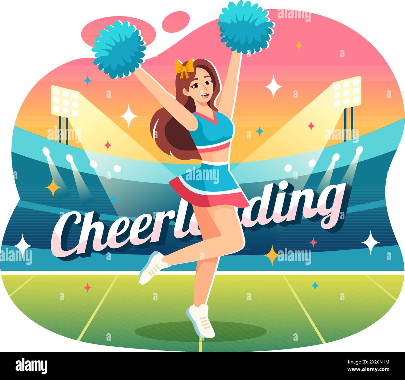 Cheerleader Girl Vector Illustration with Cheerleading Pom Poms of Dancing and Jumping to Support Team Sport durante la competizione su sfondo piatto Illustrazione Vettoriale