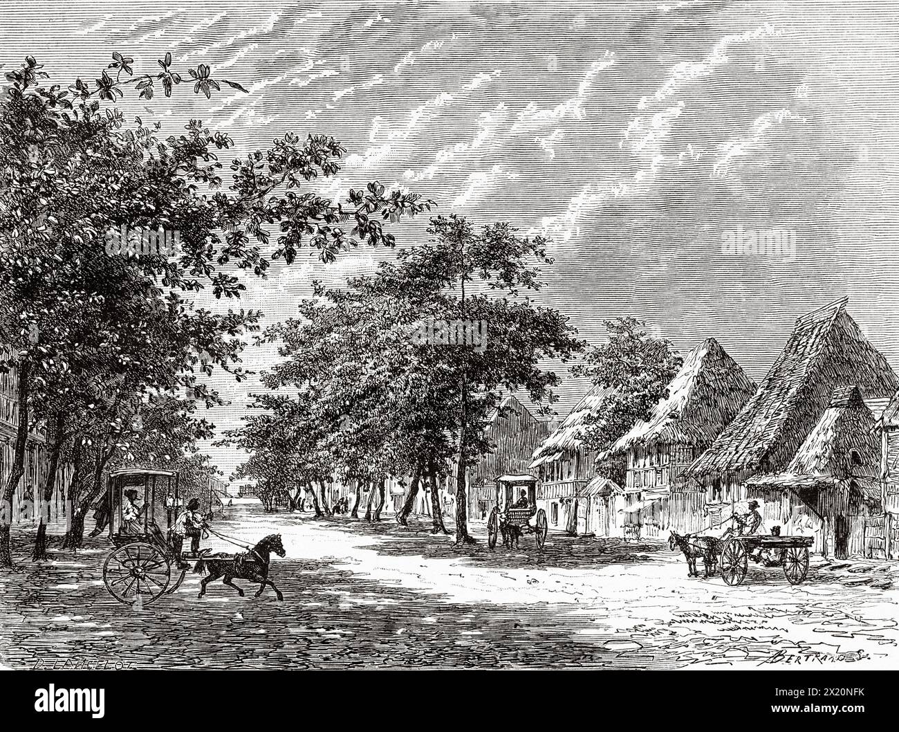 Royal Street di Sampaloc, Manila, Filippine, Asia meridionale. Disegno di Dieudonne Lancelot (1823 - 1895) Luzon e Palawan, sei anni di viaggio nelle Filippine di Alfred Marche (1844-1898) le Tour du Monde 1886 Foto Stock