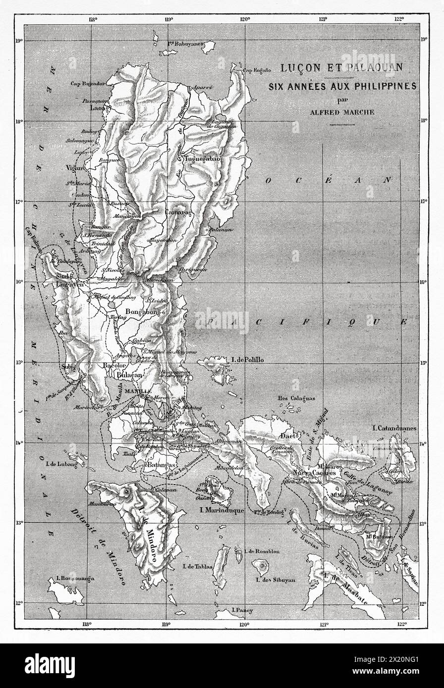 Vecchia mappa delle Filippine, Asia meridionale. Luzon e Palawan, sei anni di viaggio nelle Filippine di Alfred Marche (1844-1898) le Tour du Monde 1886 Foto Stock