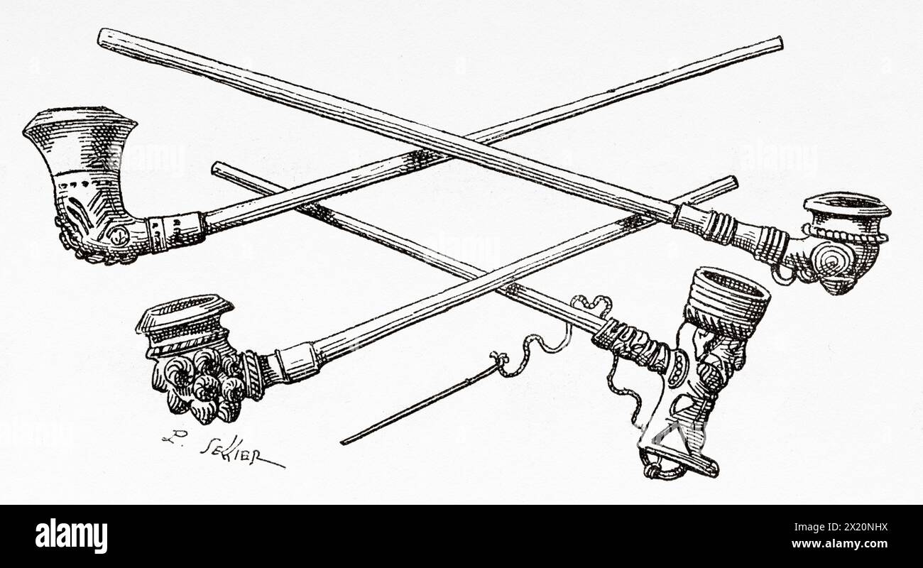Tradizionali pipe fumanti del popolo Igorot. Popolazioni indigene della Cordillera nel nord di Luzon, Filippine, Asia meridionale. Disegno di P. Sellier. Luzon e Palawan, sei anni di viaggio nelle Filippine di Alfred Marche (1844-1898) le Tour du Monde 1886 Foto Stock