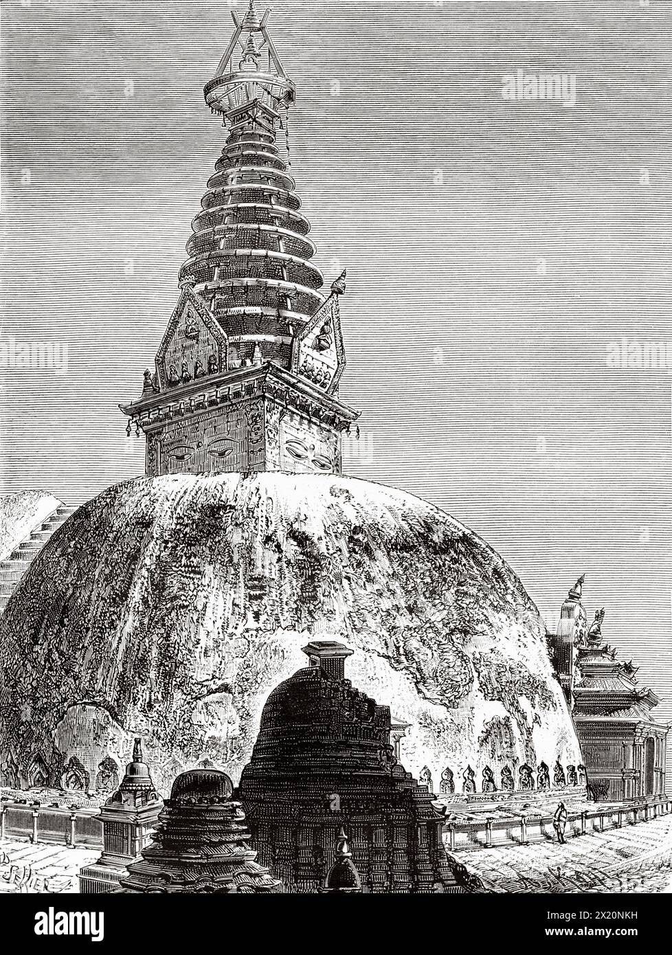 Swayambhunath Stupa, una varietà di santuari e templi che è conosciuto come il Tempio delle Scimmie, un antico complesso religioso in cima a una collina nella valle di Kathmandu. Nepal. Asia. Disegno di P. Sellier. Viaggio in Nepal con il dottor Gustave le Bon (1841-1931) le Tour du Monde 1886 Foto Stock